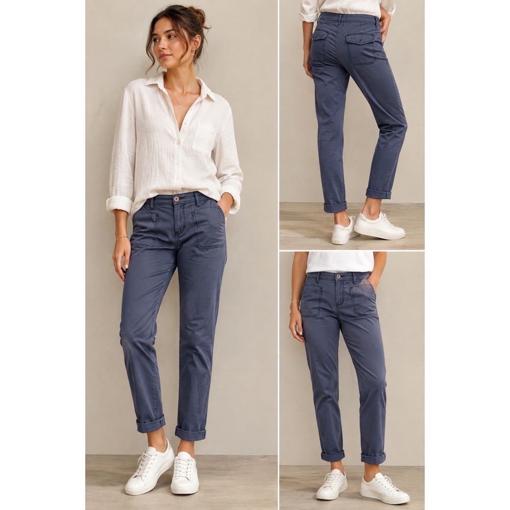Hei Hei Anthropologie Navy Blue Utility Chino Pants Crochet Trim Slim Leg Size 2